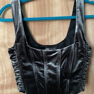 ZARA Womens Dark Gray Velvet Gathered Corset Crop Top Size XS